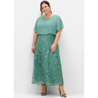 Abendkleid SHEEGO "Abendkleid", Damen, Gr. 44, Normalgrößen, grün (rauchgrün), 100% Polyester, Spitze:100% Polyester, unifarben, lang, Rundhals, Kleider Abendkleid