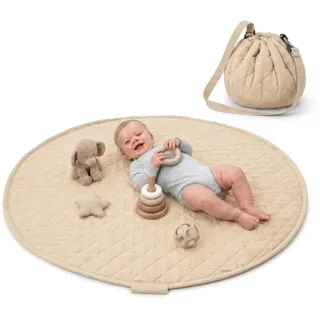 ZURMATRADE Krabbeldecke rund 110cm – Extra Weich, Dick Gepolstert, Waschbar, Schadstofffrei, Spieldecke Baby für unterwegs,Zusammenziehbar, mit abnehmbaren Tragegriff,Spielmatte Baby beige,to go
