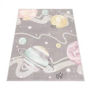 Paco Home Kinderteppich Teppich Kinderzimmer Junge Mädchen Weltraum Planeten Sterne Grau