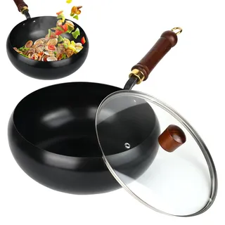 XCRPRT Gusseisen Pfanne, Unbeschichtete Eisenpfanne, Handgeschmiedeter Antihaftpfanne, Vielseitiges Kochgefäß Mit Deckel zum Simmern und Braten bei hoher Hitze,Gas, Induktionsherd Kompatibel, 24CM