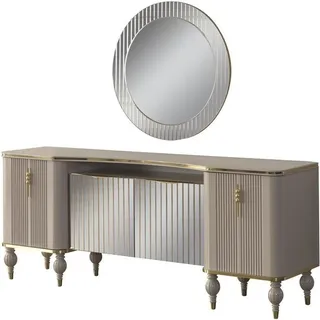 s Wohnzimmer Set Modernes Sideboard Glas Spiegel Holz Anrichte - Beige