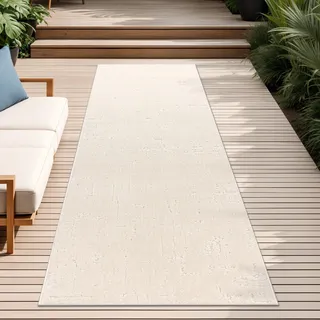 Outdoor Teppich Wetterfest Balkon Wohnzimmer Skandinavisch Boho Einfarbig Creme Grösse 80x250 cm - Creme