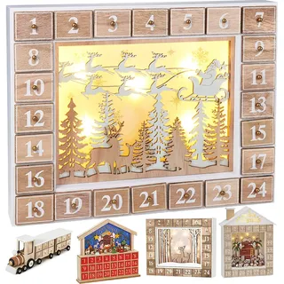 Brubaker Wiederverwendbarer Adventskalender aus Holz zum Befüllen - Fliegender Weihnachtsmann mit LED-Beleuchtung - DIY Weihnachtskalender 35.5 x 6 x 27 cm - Beige, Weiß