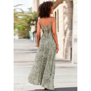Maxikleid LASCANA, Damen, Gr. 42, N-Gr, bunt (grün, lila, bedruckt), Web, Obermaterial: 100% Viskose, bedruckt, geblümt, figurumspielend bodenlang, V-Ausschnitt, Kleider Maxikleid, aus gewebter Viskose, Cut-Out am Rücken, Sommerkleid, Topseller
