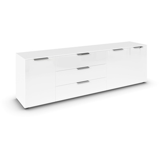 Rauch Möbel Flipp, Sideboard, TV-Schrank, Kommode mit Stauraum, Alpinweiß/Glasfront Weiß, 3-türig, Glastüren, 3 Schubkästen, Griffe chrom, 199x61x42cm