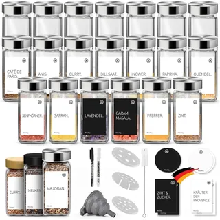 Miorkly Gewürzgläser Eckig mit Streueinsatz, Edelstahl Deckel Gewürzdosen Set 120ml,24 Gewürzgläser Set, Gewürzstreuer Glas mit Streuer-Aufsätze, Trichter, Etiketten & Kreidestift,Küchen Organizer