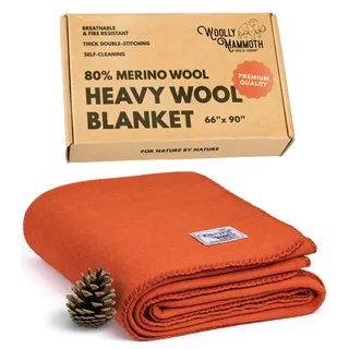 Wolly Mammoth 80% Wolle Decke - Sofa Kuscheldecke 167 x 230 cm Dicke Wärmedecke, Flauschige Wohndecke, Militärdecke, Wolldecke, Wärmende, Schwere Couchdecke, Draußen, Camping Rettungsdecke, Orange