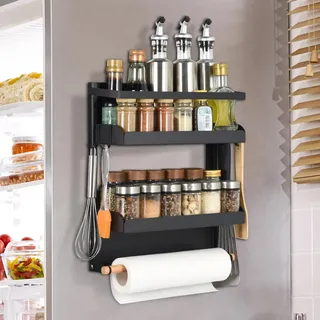 OTraki Gewürzregal Magnetisch für Kühlschrank, 2 Stock Küchenregal Ohne Bohren Maximale Belastung 8 KG Gewürzregal Wand aus Edelstahl mit Küchenrollenhalter und 4 Haken
