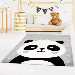 Carpet City Kinderteppich Bubble Kids Flachflor Panda-Bär, weiß gepunktet in Grau für Kinderzimmer; Größe: 160x225 cm, bubble-1334-grey-160x225