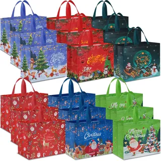 AhfuLife 18 Stück Geschenktüten Weihnachten Groß, 40 * 36 * 15CM, Non Woven Weihnachtstaschen Weihnachtstüten mit Griffen, Wiederverwendbare Weihnachtsgeschenktüten, Weihnachts Geschenktüten