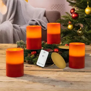Spetebo LED Wachskerzen rot mit Kerzentellern gold - 4er Set - Künstliche Stumpen Kerzen mit Fernbedienung