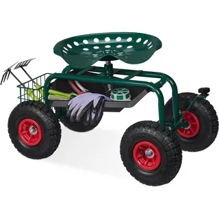 Relaxdays fahrbarer Gartensitz, höhenverstellbar, 150 kg, Stauraum, Rollsitz für Gartenarbeit, Stahl, Luftreifen, grün