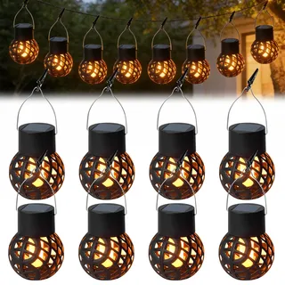 Solarlampen für Außen Hängend mit Clips, 8 Stück Flackernder Flamme Solarleuchten für Gärten, Mini Solarlaterne für außen, Solar Hängeleuchten Outdoor, Solar Hängelampen für Außen Deko Balkon Party