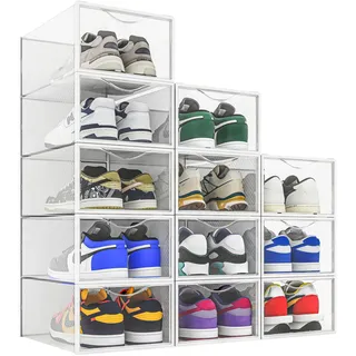 Seseno 12 Stück Schuh-Aufbewahrungsbehälter, transparenter Kunststoff, stapelbarer Schuh-Organizer für Schrank, platzsparend, faltbares Schuhregal, Schuhbox, Sneaker-Halter, Behälter