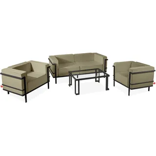KONSIMO GARTENLOUNGE SET 4-tlg. 1x Tisch 2x Sessel 1x Sofa 2-Sitzer "TRIGLO" Dunkelgrau/Beige, Stahl/Polyester/Schaumstoff/gehärtetes Glas, Modern, 2*99x70x69 cm | 164x70x69 cm | 90x41x60 cm - Dunkelgrau