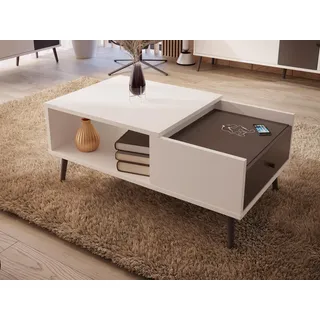 Forte Harllson, einfache Montage Dank EasyKlix Couchtisch Weiß mit Uni Wolfram Grau, Wohnzimmertisch mit Schublade, skandinavischer Stil, Retro, 106 cm breit x 45 cm hoch x 60 cm tief