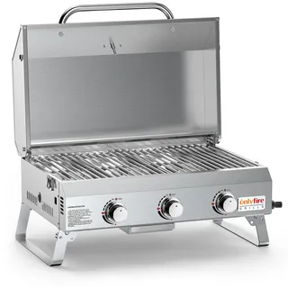 Onlyfire 3 Brenner Tragbarer Gasgrill | Tischgasgrill mit Grillrost | 7Kw | Grillfläche 56,5 × 34 cm | mit Thermometer, Deckel | Klappbaren Beinen | BBQ Campinggrill für Terrasse, Balkon und Garten