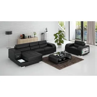 Ledersofa mit USB Couch Wohnlandschaft Ecksofa + Sessel Garnitur Design Sofa Neu - Schwarz