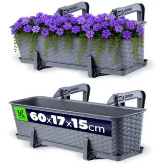 KADAX Blumenkasten 60 cm Grafit mit Halterungen & Untersetzer, Rattan-Optik – Pflanzkübel für Geländer, langlebiger Balkonkasten