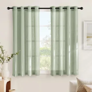 Nicetown Leinen Gardinen für Kleine Fenster Halbtransparent Vorhänge mit Ösen 2er Set H 160 x B 140 cm Graugrün, Linen Curtains for Bedroom Kurzgardinen Küche Leinenoptik Vorhang Boho