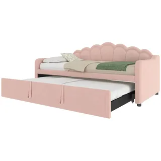 Redom Tagesbett 90/200 cm ausziehbar auf 180/200 cm mit LED-Beleuchtung, Samtbezug und Wellenkopfteil, Rosa , Textil , 90x200 cm , Schlafzimmer, Betten