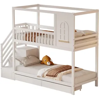 Stilvora Etagenbett 90/200 cm & 90/200 cm in Weiß Kinderbett mit Schubladen und Leiter Haus-Design , Holzwerkstoff , 90x200 cm , Babymöbel & Kindermöbel, Kinderzimmer & Jugendzimmer, Stockbetten