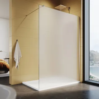SONNI 140x200 cm Walk-In Dusche mit Stabilisator aus 8 mm Vollsatiniert Glas inkl. Nanobeschichtung - Silber