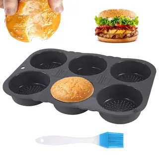 Burger Buns Backform, Brötchenbackformen Rund 10cm Ø Silikon Perforierte mit 6 Hohlräumen Brötchen Backform für Hamburger Brot Muffins Schokoladenkuchen Kuchen Kuchen Torte,Kichen Backwerkzeug