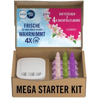 Febreze Programmierbarer Lufterfrischer 3Volution Duftstecker Starter-Kit + 4x Nachfüllflakons Lilienbrise, Elektrischer Raumduft mit 3 Wechselnden Düften Zum Bekämpfen Von Gerüchen