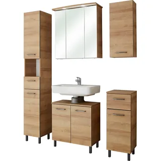 Saphir Badmöbel-Set "Quickset 919 5-teilig, Waschbeckenunterschrank mit LED-Spiegelschrank" 5 Stk. tlg., riviera eiche quer nachbildung