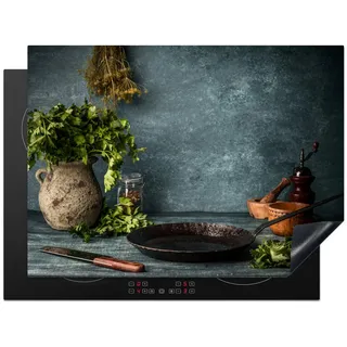 MuchoWow Herdabdeckplatte Kräuter - Gewürze - Pfanne - Messer - Grau - Rustikal 71x52 cm , Petrol , Kunststoff , Rechteckig , 71x52x0.2 cm , Made in Europe , Küchen, Küchenelektrogeräte, Herde, Herdabdeckplatten