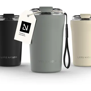 LARS NYSØM Thermo Kaffeebecher to go mit Trageschlaufe & Tritan Deckel | Travel Mug 0,38 Liter mit Isolierung | Auslaufsicherer Edelstahl Thermobecher für Café & Tee (Ash Gray, 380ml)