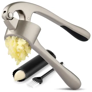 Zulay Kitchen Knoblauchpresse Extra Große aus Edelstahl mit Silikon-Knoblauchschäler und Reinigungsbürste, Knoblauchpresse mit Komfortabler Griff, Ingwerpresse, Knoblauch presse Garlic Crusher, Silber