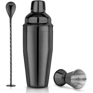 Cocktail Shaker Set 750ml Cocktailshaker Martini Shaker mit eingebautem Sieb - Professionelles Edelstahl Barkeeper Set inkl Messbecher, Bar-Löffel - Für Martini, Margarita & Mixgetränke, Schwarz