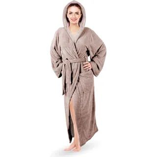 Bademantel ( Braun / M ) Cozy für Damen mit Kapuze und Taschen, weich flauschig saugstark, Sauna und Spa - extra lang und breite Ärmel - Morgenmantel ( M - XL ) - Braun