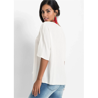 Tunika BONPRIX, Damen, Gr. 46, weiß (wollweiß), Obermaterial: 100% Viskose, A-Linie, Tuniken Tunika, Casual Stil, A-Linie Passform, Kurzarm-Design, mit Stickerei