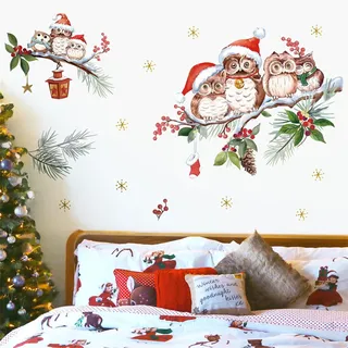 wondever Weihnachten Fenster Wandtattoo Eule Vögel Weihnachtssticker Weihnachtsbaum Wandsticker Fensteraufkleber für Kinderzimmer Weihnachtsdekoration