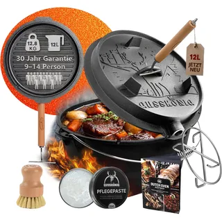 GUSSKÖNIG Premium 2in1 Dutch Oven 12L Set-Feuertopf Gusseisen ohne Füßen | Eingebrannt, Thermometeröffnung, für 9-14 Personen, inkl. Deckelheber-Pflegepaste-Bürste-Rezeptbuch-Untersetzer 30J Garantie