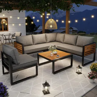 Flieks Gartenlounge Set 5-tlg, Balkonmöbel Set mit Eisenrahmen, Terassenmöbel Sets mit Metallbeinen und Kissen, Lounge Gartenmöbel 6 Personen, Grau - Grau