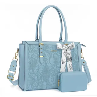 MOSISO Laptoptasche Damen, 15,6-16 Zoll PU Lehrertasche Handtasche Kompatibel mit MacBook HP Dell Asus, Vorderseite Prägung Retro Hibiskus Aktentasche mit Seidenschal&Clutchtasche, Luft Blau