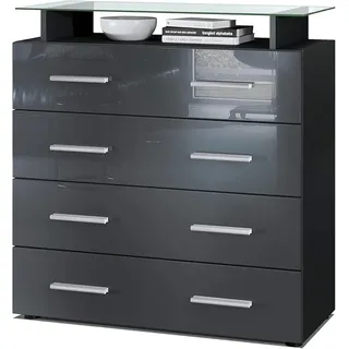 Sideboard Pavos V2, Kommode mit 4 Schubladen und Glasablage, Schwarz matt/Grau Hochglanz (76 x 81 x 35 cm) - Grau