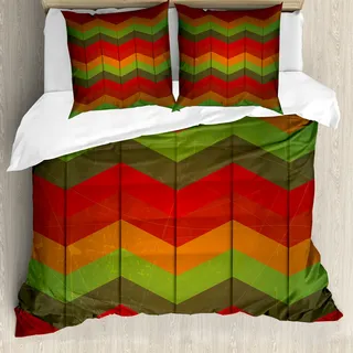 ABAKUHAUS Stammes Bettbezug, Abstrakt Zigzag Striped, Milbensicher Allergiker geeignet mit Kissenbezügen, 200 cm x 200 cm - 80 x 80 cm, Wald, Grün, Orange - Orange