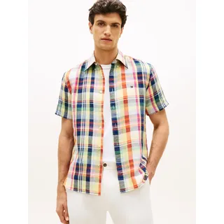 Kurzarmhemd TOMMY HILFIGER "LINEN BLEND CHECK PLAID", Herren, Gr. L, N-Gr, brilliant orange, check, Web, Obermaterial: 52% Baumwolle, 48% Leinen, regular fit normal, Hemden Kurzarmhemd, regular fit, Button-down-Kragen