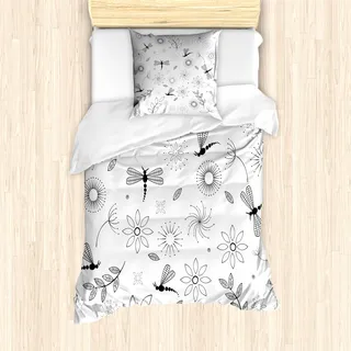 ABAKUHAUS Libelle Mantele, Libelle Blumen, Milbensicher Allergiker geeignet mit Kissenbezügen, 135 cm x 200 cm - 80 x 80 cm, Schwarz und weiß - Schwarz