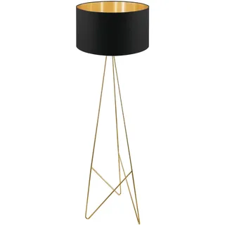 EGLO Stativ Stehlampe Camporale, Lampe Wohnzimmer mit Textil-Schirm, Standleuchte aus Metall und Stoff in schwarz und Messing, Design Stehleuchte mit Schalter, E27 Fassung
