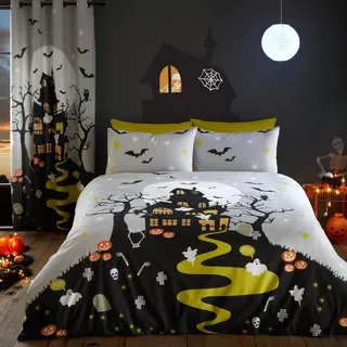 Bedlam - Halloween Spukhaus Bettwäsche - Doppelbett (200 x 200cm) - Leuchtet im Dunkeln - Spukhaus Motiv Bettwäsche - Halloween Dekoration für Schlafzimmer - Passender Vorhang erhältlich