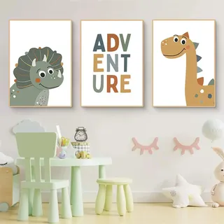 Ueiwffzo Kinderzimmer Poster 3er Set, Entzückendes Cartoon Dino Poster Set ohne Rahmen, Stilvolle Wanddeko & Wandbilder, Niedliche Leinwand Bilder für Babyzimmer Kinderzimmer Deko (A,50 x 70 cm)