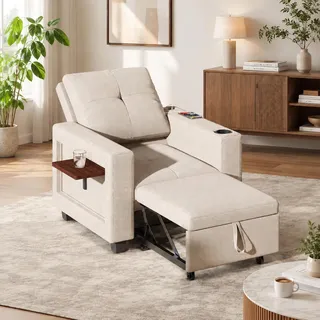 INONEFT Schlafsofa 3 in 1 mit Bettfunktion, Schlafsessel mit 5-Fach Verstellbarer Rückenlehne, USB und Klappbarer Beistelltisch, Chenille, Beige - Beige