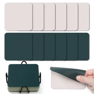 Myir JUN Untersetzer Gläser 12er Viereckige Glas Untersetzer Set 10cm Doppelseitige Untersetzer Teller Wasserfeste rutschfeste Untersetzer mit Untersetzerhaltern(Beige Grün)