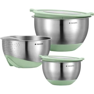 Navaris Edelstahl Schüssel Schale mit Deckel und Sieb - 3-teiliges Set - 2x Rührschüssel 1x Sieb - Salatschüssel Edelstahlschüssel Schüsselset - Behälter in Mintgrün